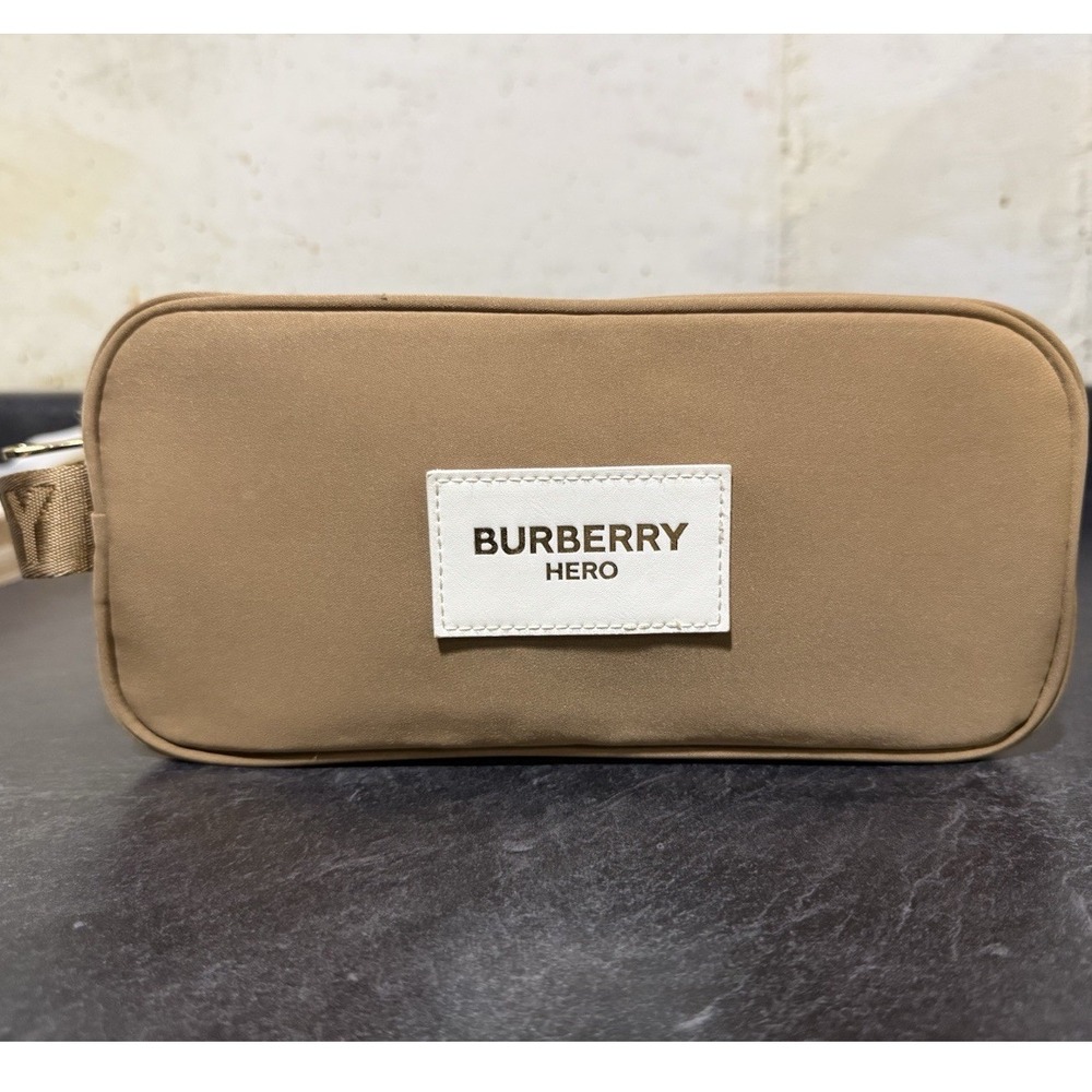 Burberry Hero Toiletry Bag Mens Travel Dopp Kit Pouch Tan Brown Recycled Poly